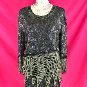 Vintage‎ 80s Beaded Silk Sequin Iridescent Black Two Piece Top Skirt Set Dress